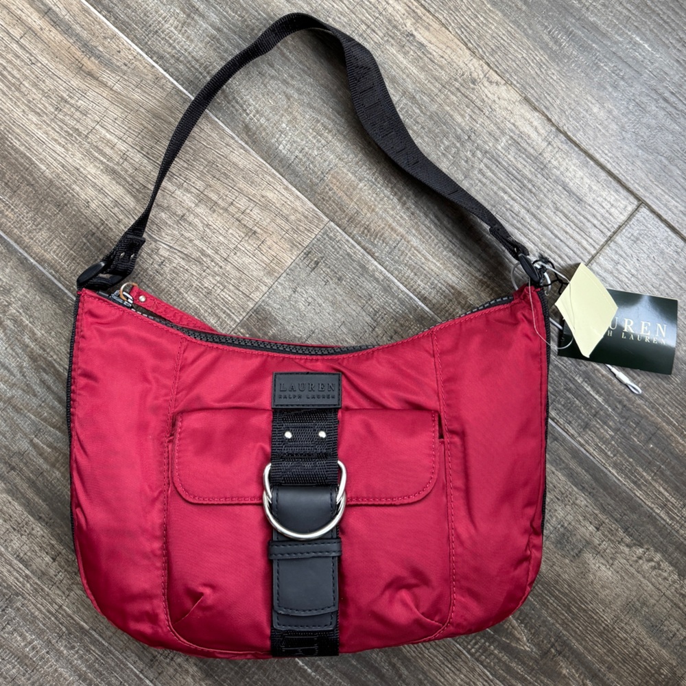 Ralph Lauren Red Nylon Shoulder Bag with Black Strap & Silver Hardware